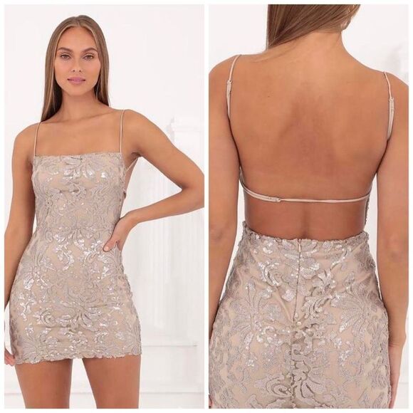 Revolve Lucy In The Sky Hoco Gold Champagne Sequin Mesh Bodycon Mini Dress - Picture 1 of 9